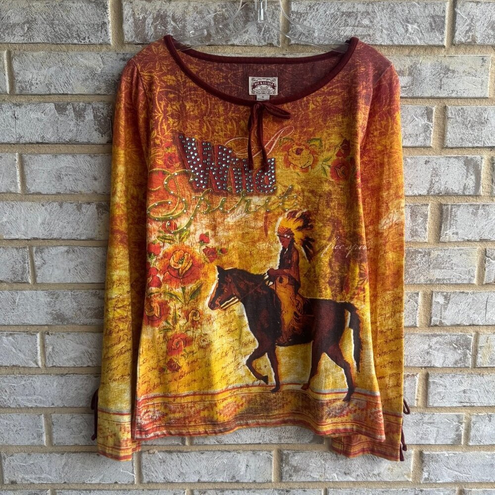 Bit & Bridle Long Sleeve Round Neck Graphic Shirt Cotton Blend Women's Size M